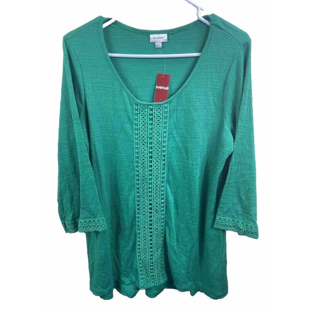 Avenue Blouse Women Sz 14/16 Green Short Sleeve Tunic Shirt Crochet Boho Stretch